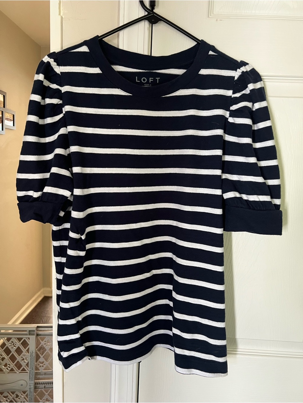 LOFT Navy & White Striped Puff Sleeve Top Women Size L